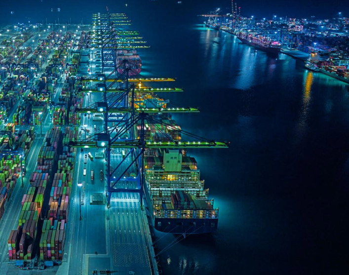 Aerial view of a container port at night